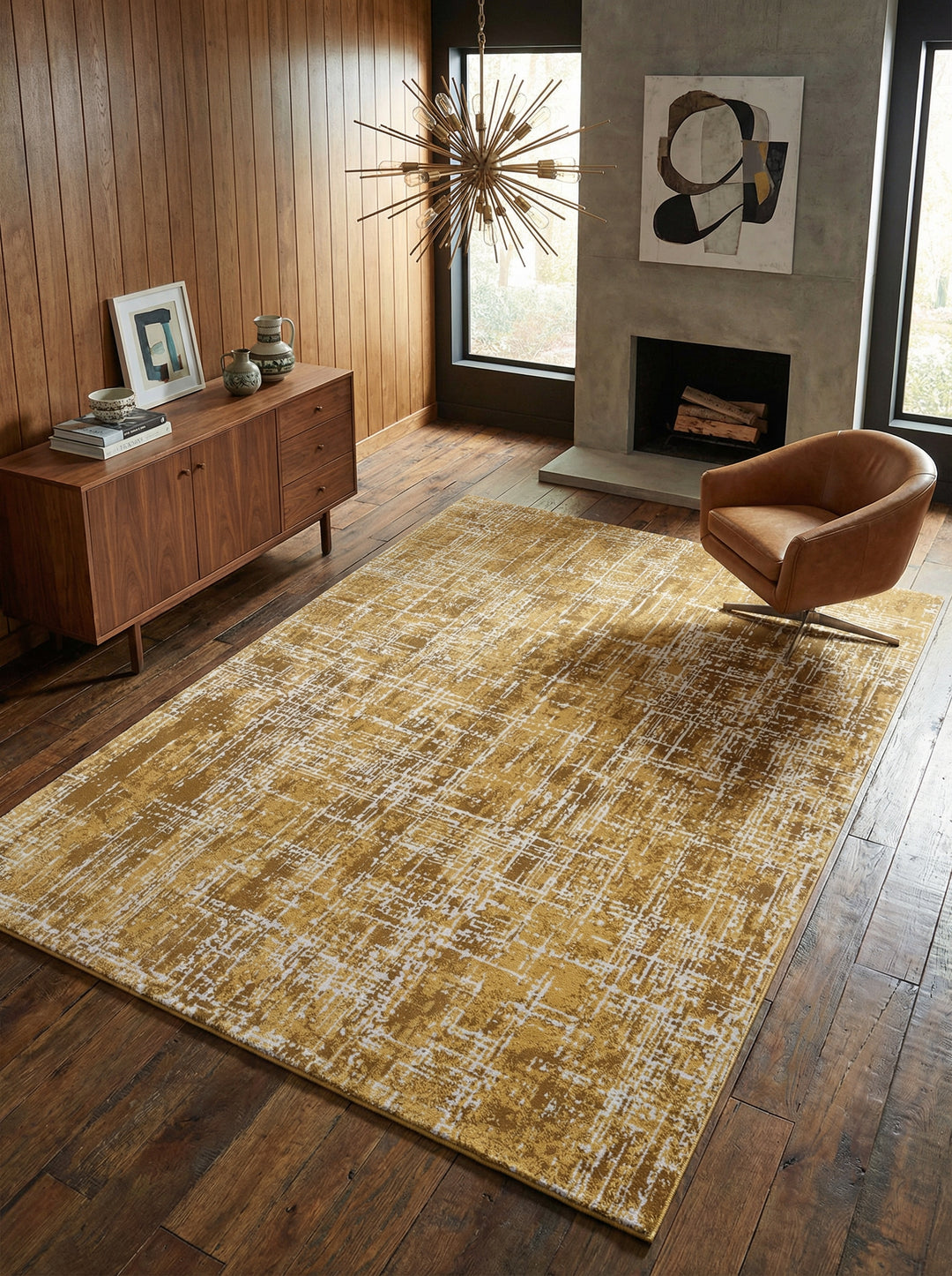 Veloursteppich mit Textur_Abstraktes Muster in Senfgelb_Pflegeleicht &amp; Langlebig - TIBER-Rom_