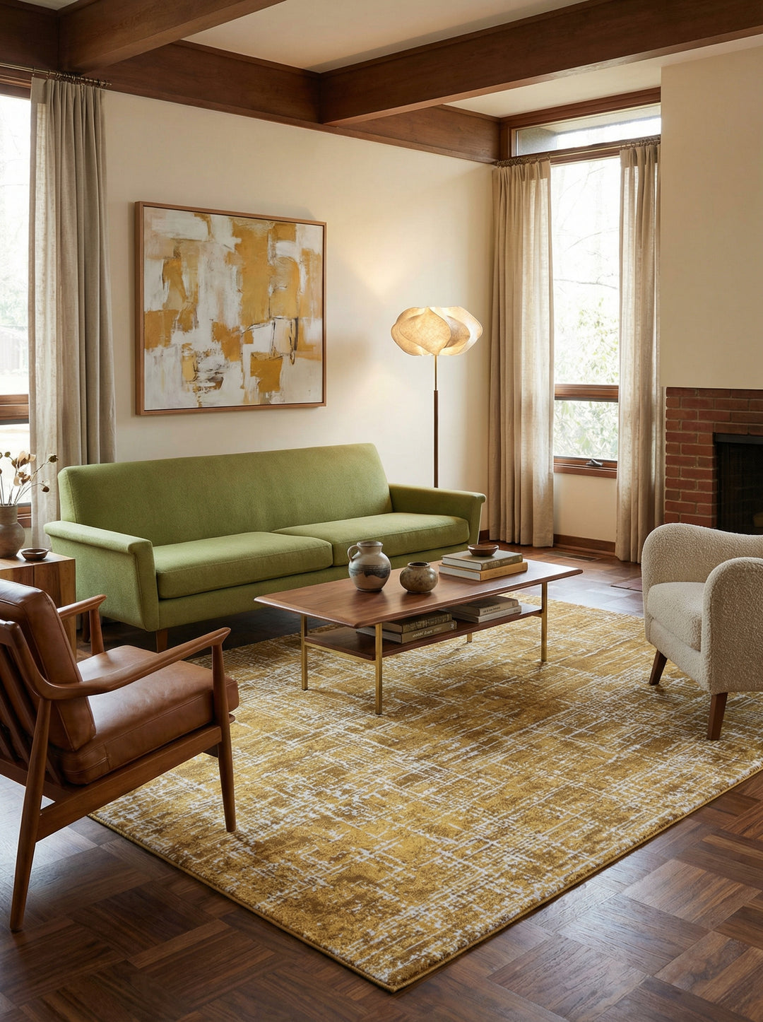 Veloursteppich mit Textur_Abstraktes Muster in Senfgelb_Pflegeleicht &amp; Langlebig - TIBER-Rom_