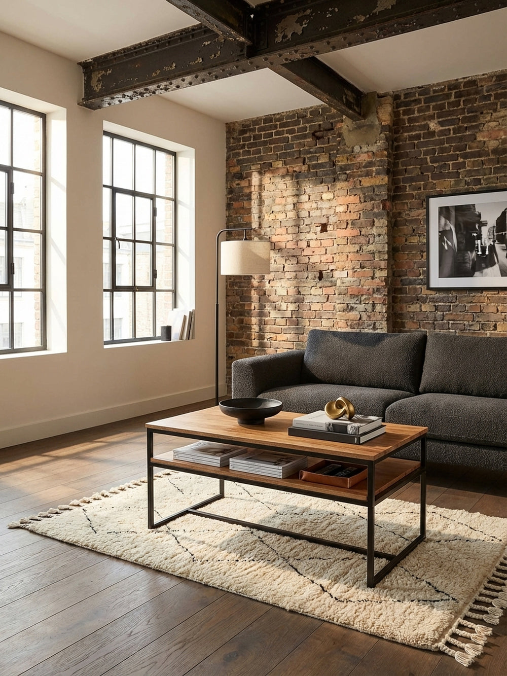 Industrial Couchtisch aus massivem Akazienholz mit schwarzem Metallgestell in einem modern eingerichteten, hellen Wohnzimmer._