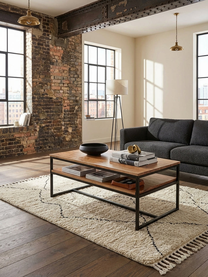 Draufsicht auf den Sofatisch aus Massivholz und Metall, der zentral auf einem beigen Teppich vor einer grauen Couch platziert ist._