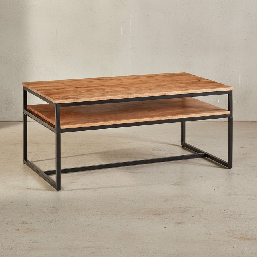Vintage Industrial Couchtisch aus Akazieholz und Eisen_ 2 Ablagen_ 15 kg Belastbarkeit - KADIMA DESIGN_Größe_ 100x60x45 cm_