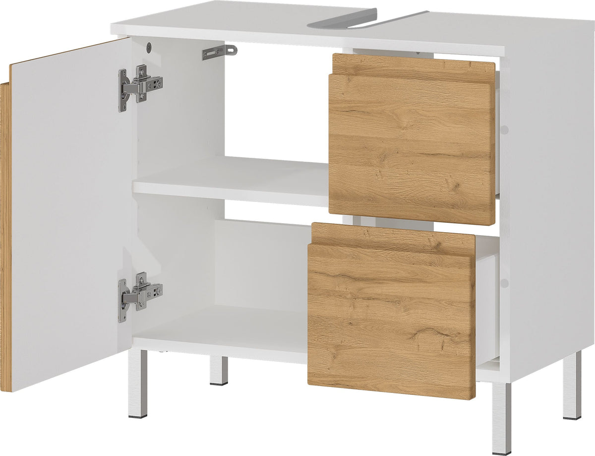WB-Unterschrank VEER 60x34x56 in Weiß und Grandson-Eiche mit Chromfüßen  mit Stauraum von Kadima Design Größe  60x34x56 cm