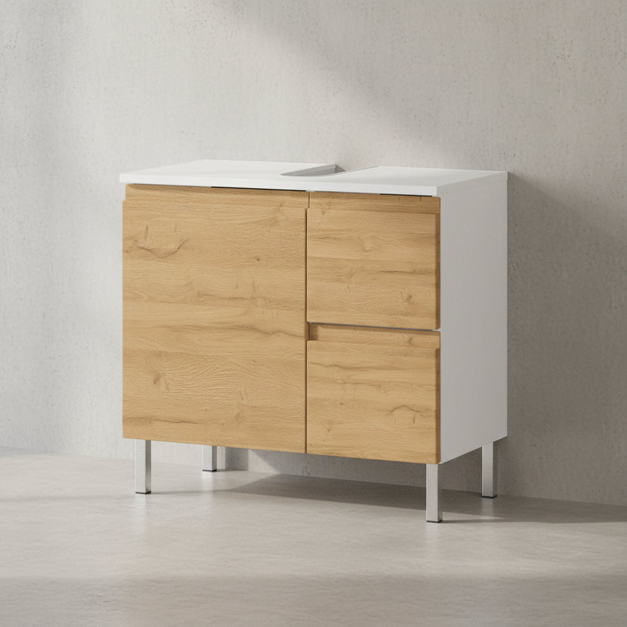 WB-Unterschrank VEER 60x34x56 in Weiß und Grandson-Eiche mit Chromfüßen_ mit Stauraum von Kadima Design_Größe_ 60x34x56 cm_