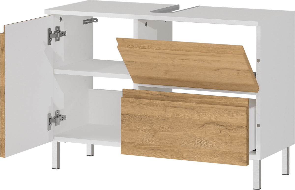 WB-Unterschrank VEER 80x34x56 in Weiß und Grandson-Eiche mit Chromfüßen  mit Stauraum von Kadima Design Größe  80x34x56 cm