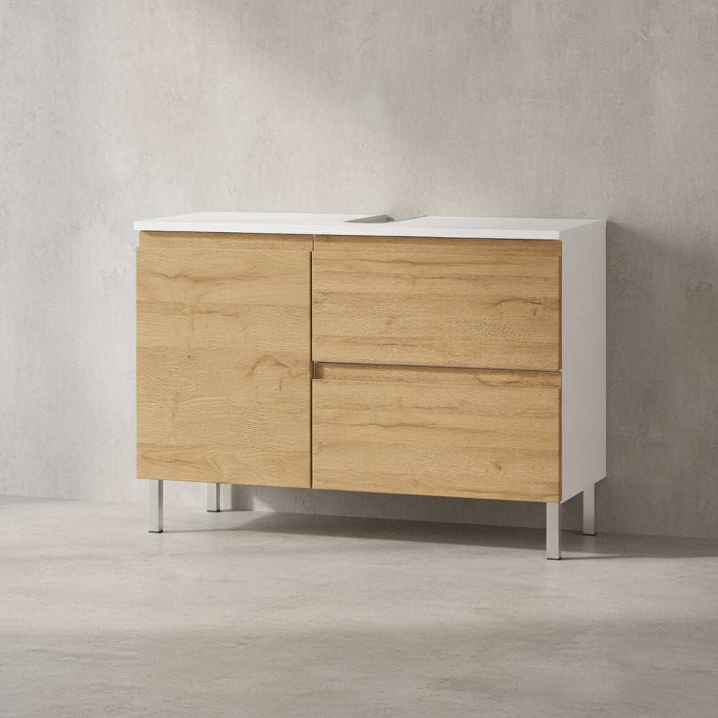 WB-Unterschrank VEER 80x34x56 in Weiß und Grandson-Eiche mit Chromfüßen_ mit Stauraum von Kadima Design_Größe_ 80x34x56 cm_