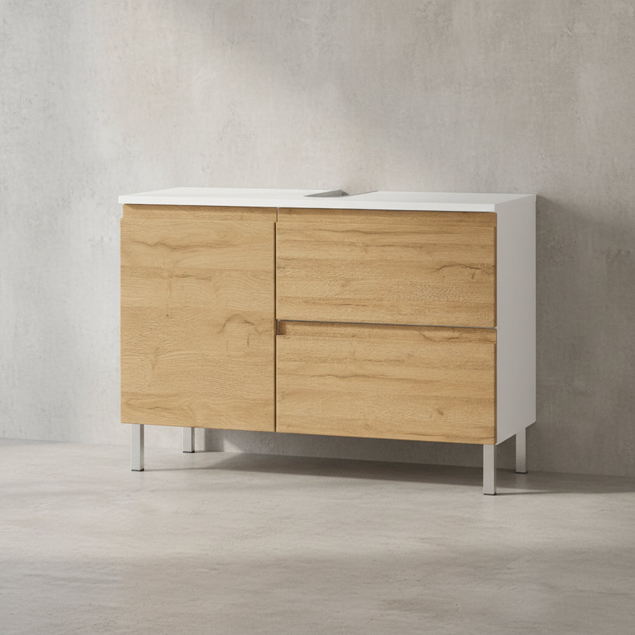 WB-Unterschrank VEER 80x34x56 in Weiß und Grandson-Eiche mit Chromfüßen_ mit Stauraum von Kadima Design_Größe_ 80x34x56 cm_