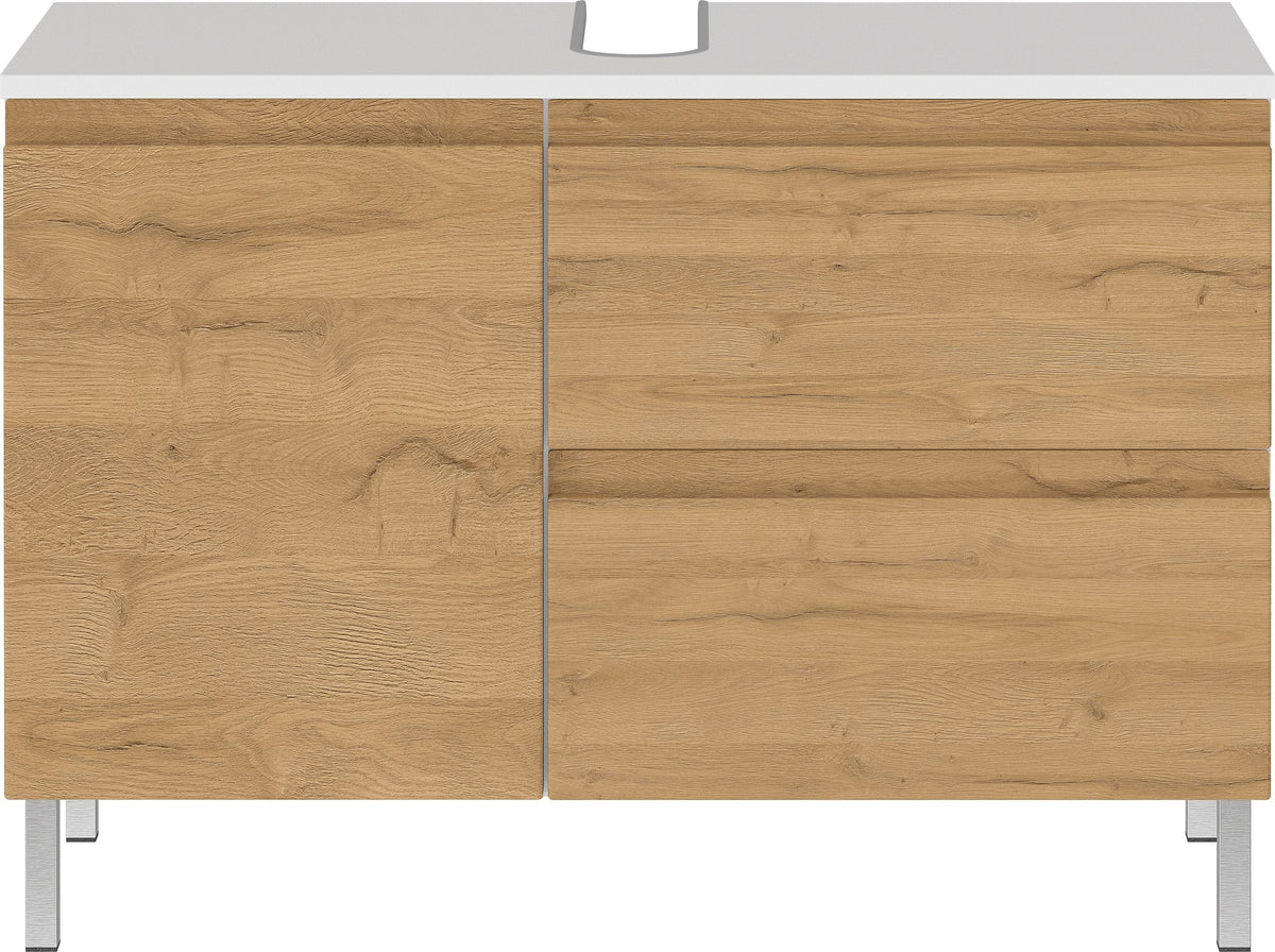 WB-Unterschrank VEER 80x34x56 in Weiß und Grandson-Eiche mit Chromfüßen_ mit Stauraum von Kadima Design_Größe_ 80x34x56 cm_