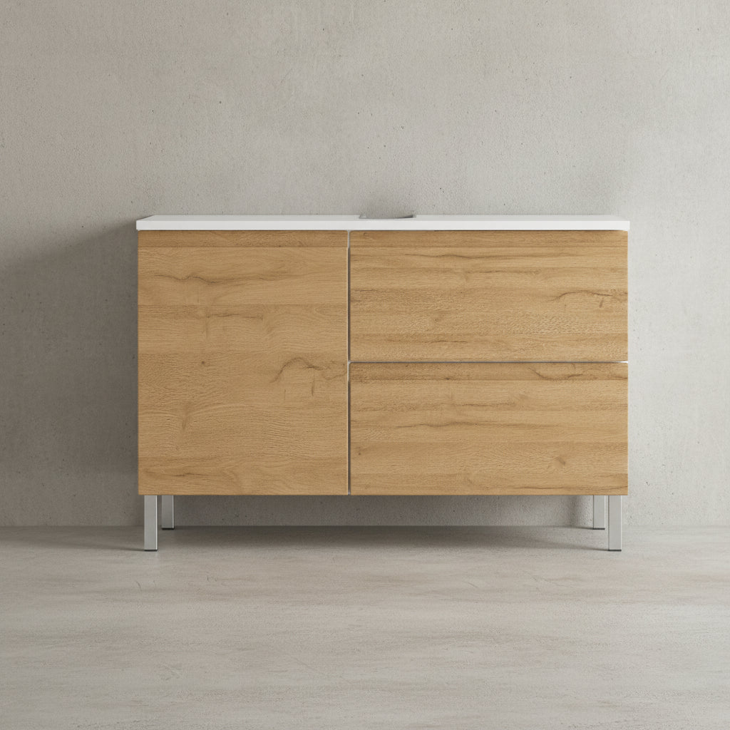 WB-Unterschrank VEER 80x34x56 in Weiß und Grandson-Eiche mit Chromfüßen_ mit Stauraum von Kadima Design_Größe_ 80x34x56 cm_