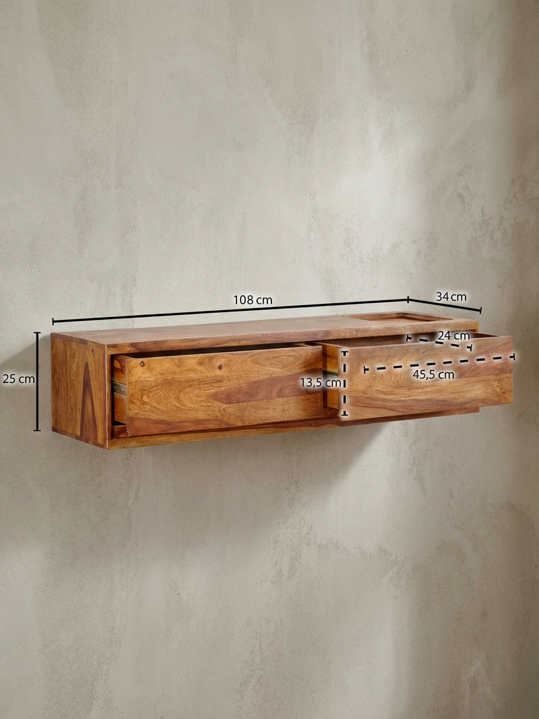 Technische Zeichnung des Lowboards mit exakten Maßen: Breite 108 cm, Höhe 25 cm, Tiefe 34 cm – zur perfekten Planung der Wandmontage im Wohnzimmer._