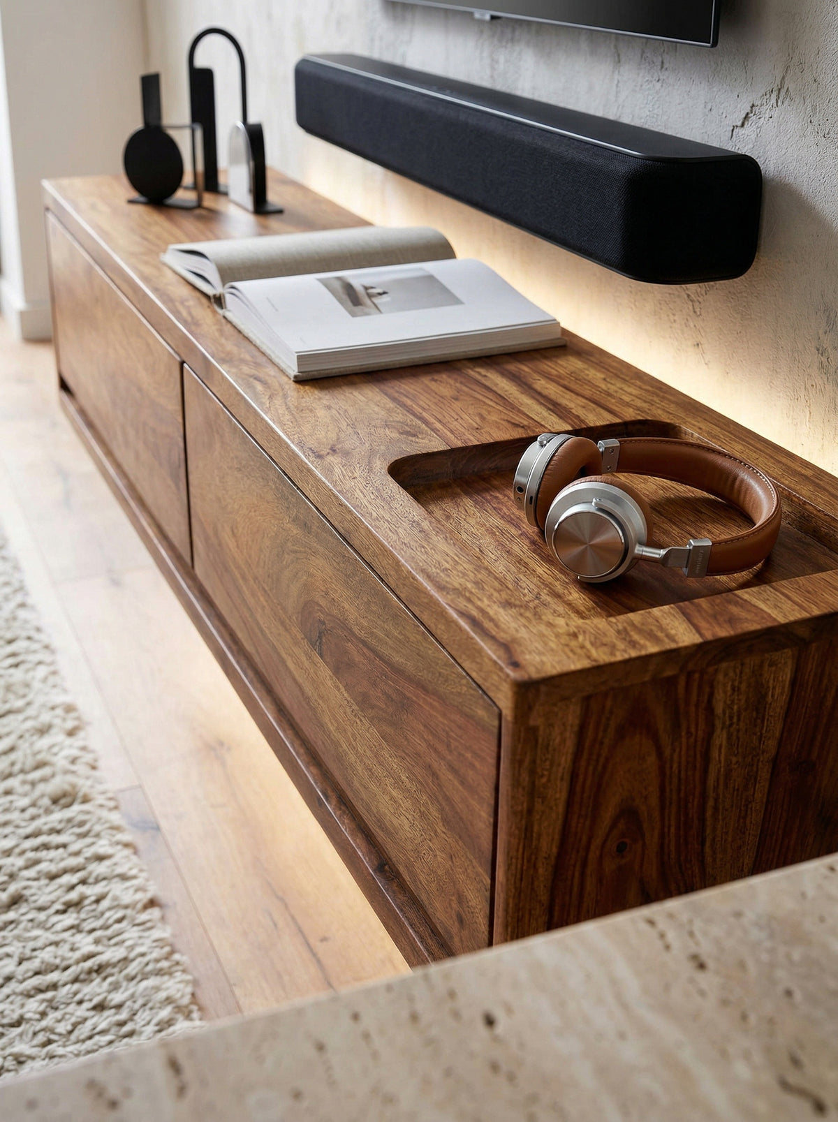 Massivholz Wand-Lowboard  Hochwertiges TV-Board aus Sheeshamholz  Modernes Design  2 Schubladen - KADIMA DESIGN Größe  108x34x25 cm