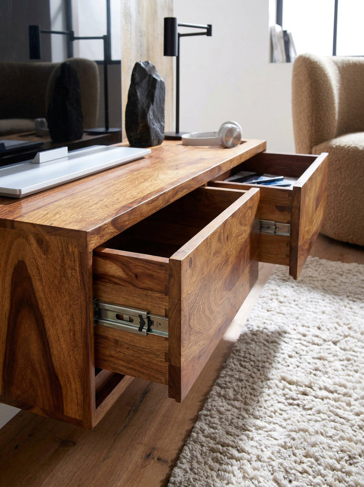 Massivholz Wand-Lowboard_ Hochwertiges TV-Board aus Sheeshamholz_ Modernes Design_ 2 Schubladen - KADIMA DESIGN_Größe_ 108x34x25 cm_