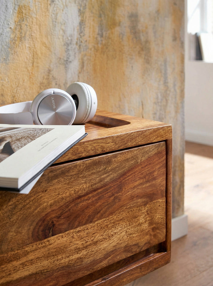 Massivholz Wand-Lowboard_ Hochwertiges TV-Board aus Sheeshamholz_ Modernes Design_ 2 Schubladen - KADIMA DESIGN_Größe_ 108x34x25 cm_