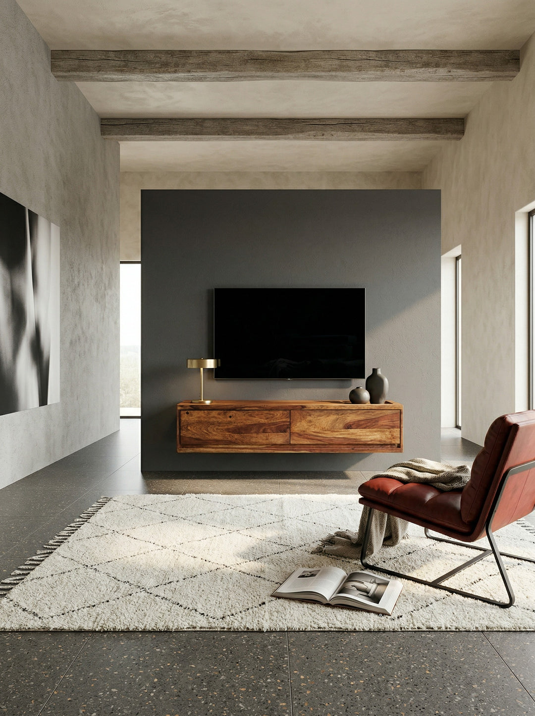 Massivholz Wand-Lowboard_ Hochwertiges TV-Board aus Sheeshamholz_ Modernes Design_ 2 Schubladen - KADIMA DESIGN_Größe_ 108x34x25 cm_