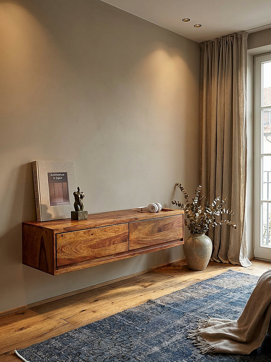 Detailaufnahme ausdrucksstarke Sheesham-Maserung mit dunklen Linien Lowboards 108x34x25 cm_
