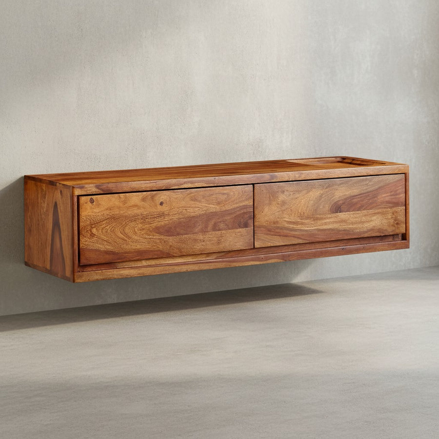 Massivholz Wand-Lowboard_ Hochwertiges TV-Board aus Sheeshamholz_ Modernes Design_ 2 Schubladen - KADIMA DESIGN_Größe_ 108x34x25 cm_