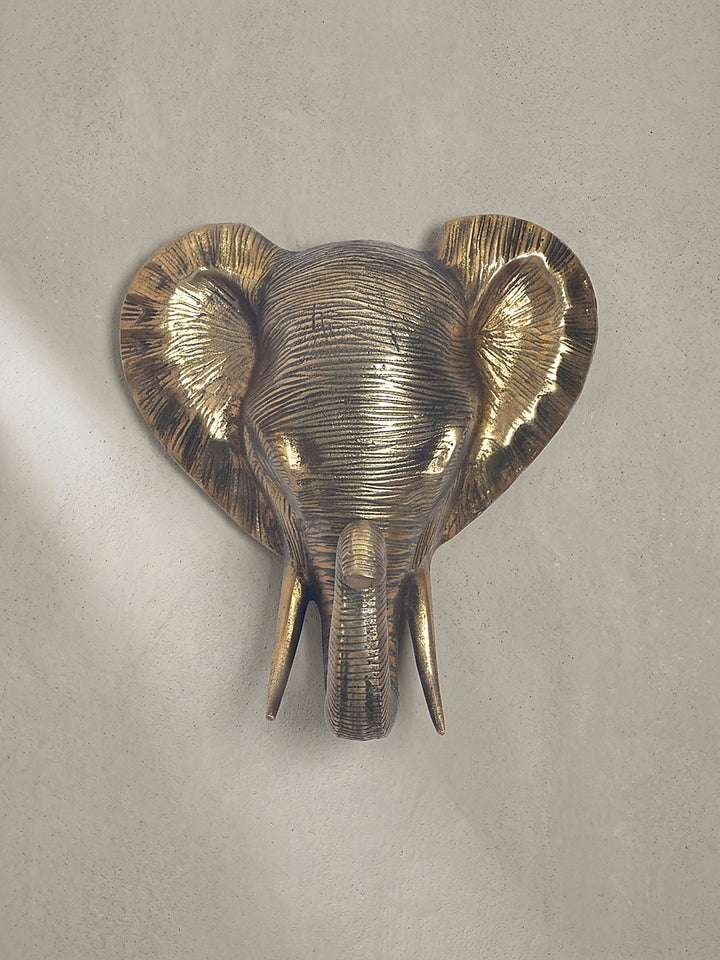 Frontale Ansicht der 33x20x41 cm großen Wanddeko als Elefantenkopf aus massivem, goldfarben lackiertem Aluminium._