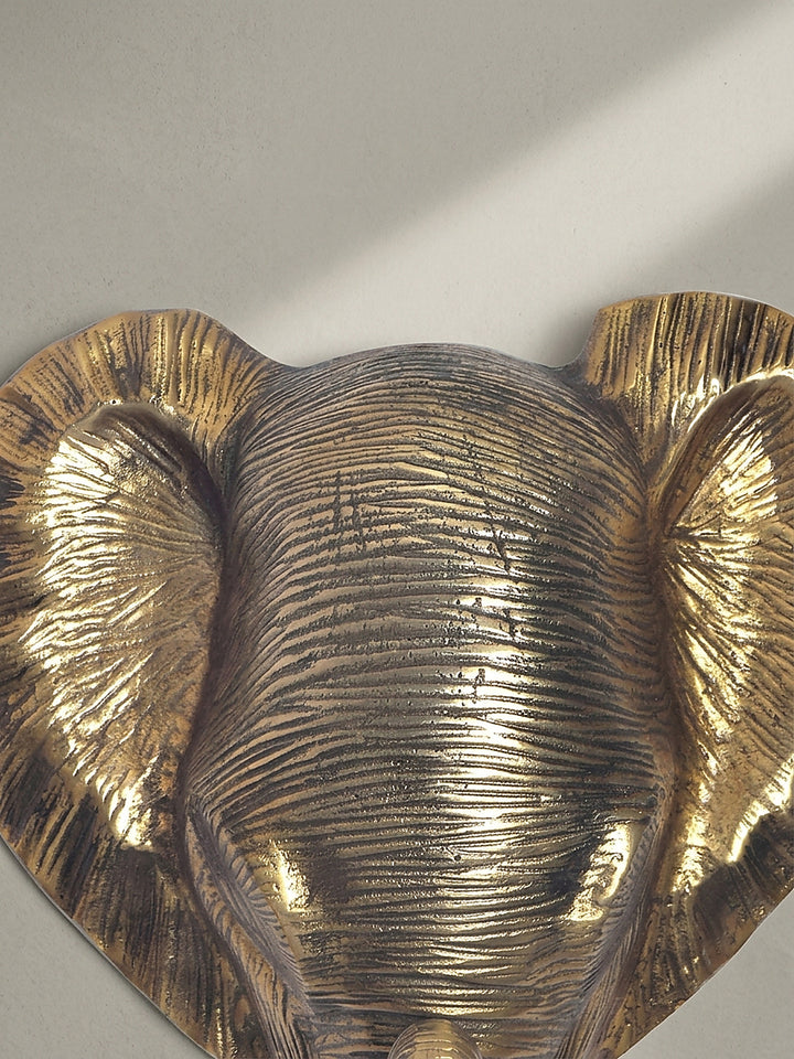 Glänzende goldene Oberfläche des massiven Aluminium-Elefantenkopfes im perfekten Licht vor einem reinweißen Studiohintergrund._