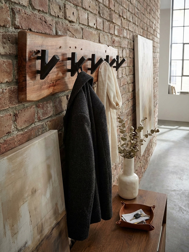 Detailaufnahme der lebendigen Maserung des Akazie Massivholzes und der matten Textur des pulverbeschichteten schwarzen Metallhakens der Garderobe._