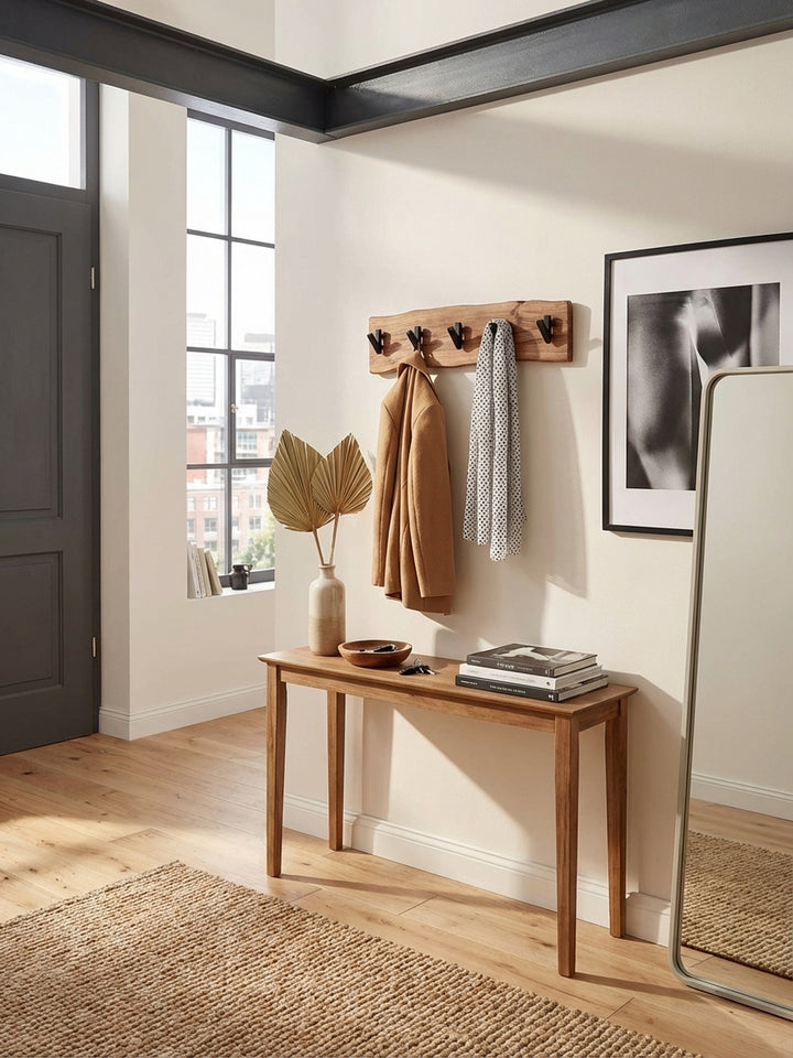 Von oben betrachtet fügt sich die 60 cm breite Garderobenleiste harmonisch in den Flur ein, ergänzt durch einen Jute-Teppich und eine schlanke Bank für ein stimmiges Gesamtbild._