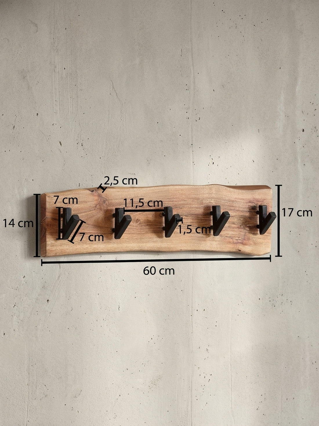 Maßzeichnung Wandgarderobe Akazie Massivholz Metall Modern 60x17x9 cm mit Naturkante