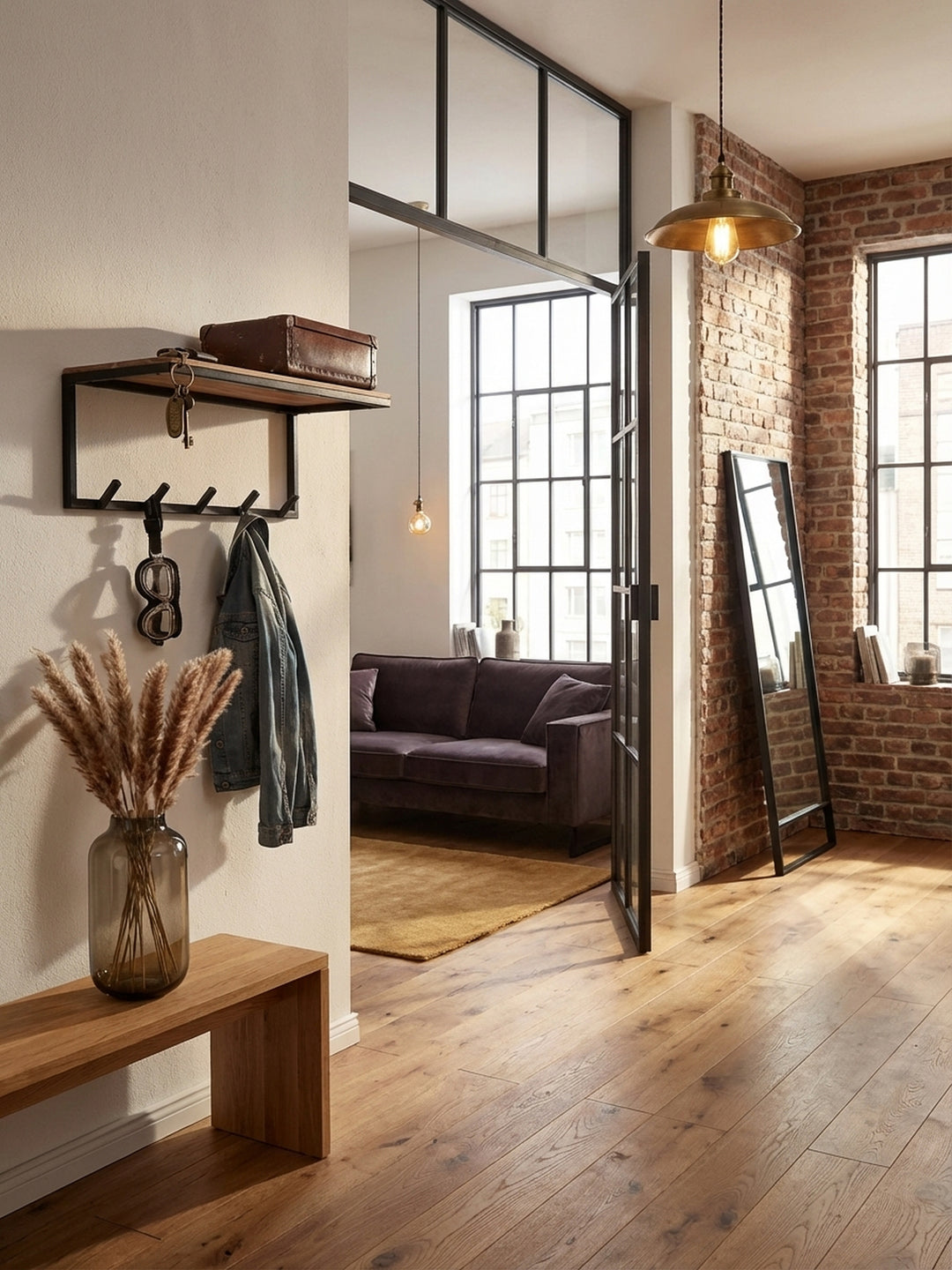 Wandgarderobe aus Akazie Massivholz im Industrie-Stil, montiert in einem hellen Flur. Auf der 70 cm breiten Ablage liegt ein Helm, eine Jacke hängt am Haken._