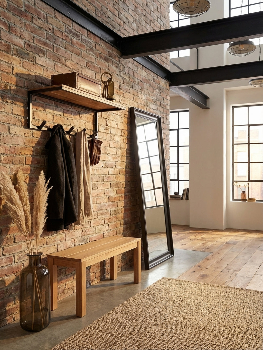 Draufsicht auf die Flurgarderobe mit Hakenleiste und Ablage. Die Komposition zeigt die 30 cm tiefe Holzablage und die Anordnung der Haken im Raumkontext._