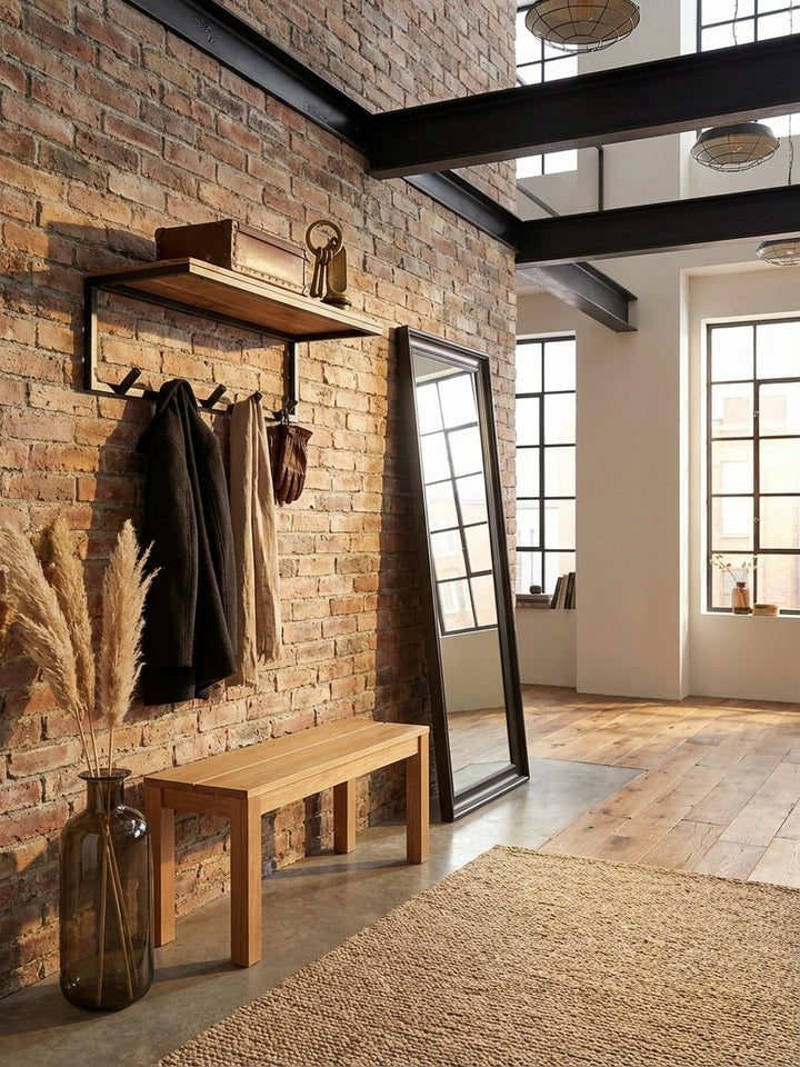 Draufsicht auf die Flurgarderobe mit Hakenleiste und Ablage. Die Komposition zeigt die 30 cm tiefe Holzablage und die Anordnung der Haken im Raumkontext._