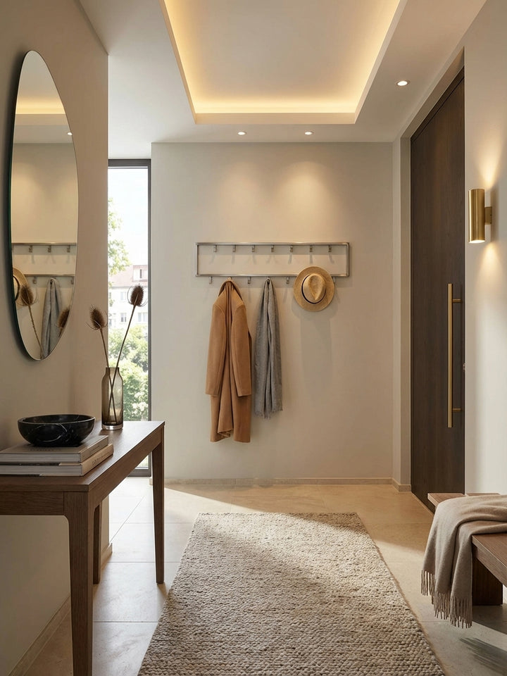 Die Wandgarderobe aus mattem Stahl mit 15 Haken, montiert in einem eleganten Flur, stilvoll behängt mit Jacke und Tasche._