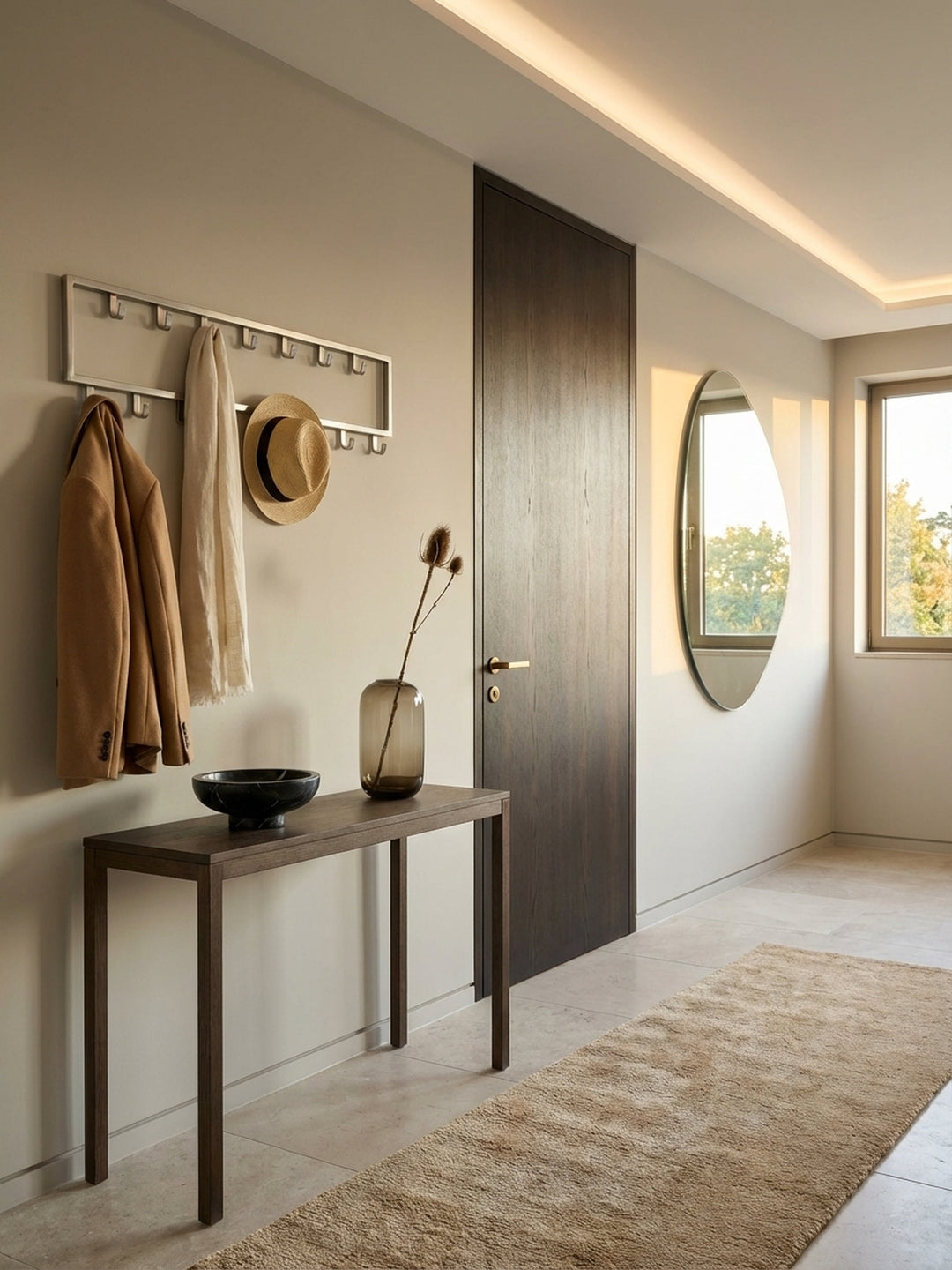 Minimalistische Flurgestaltung von oben gesehen, mit der 80 cm breiten Stahl-Garderobenleiste als zentrales Organisationselement an der Wand._