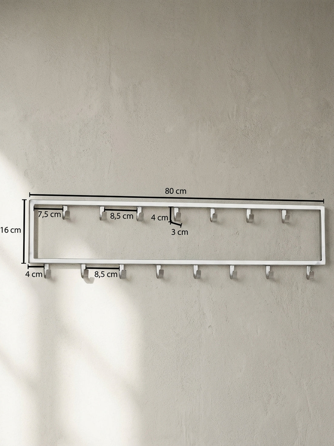 Maßzeichnung Wandgarderobe Metall Silber Modern mit 15 Haken