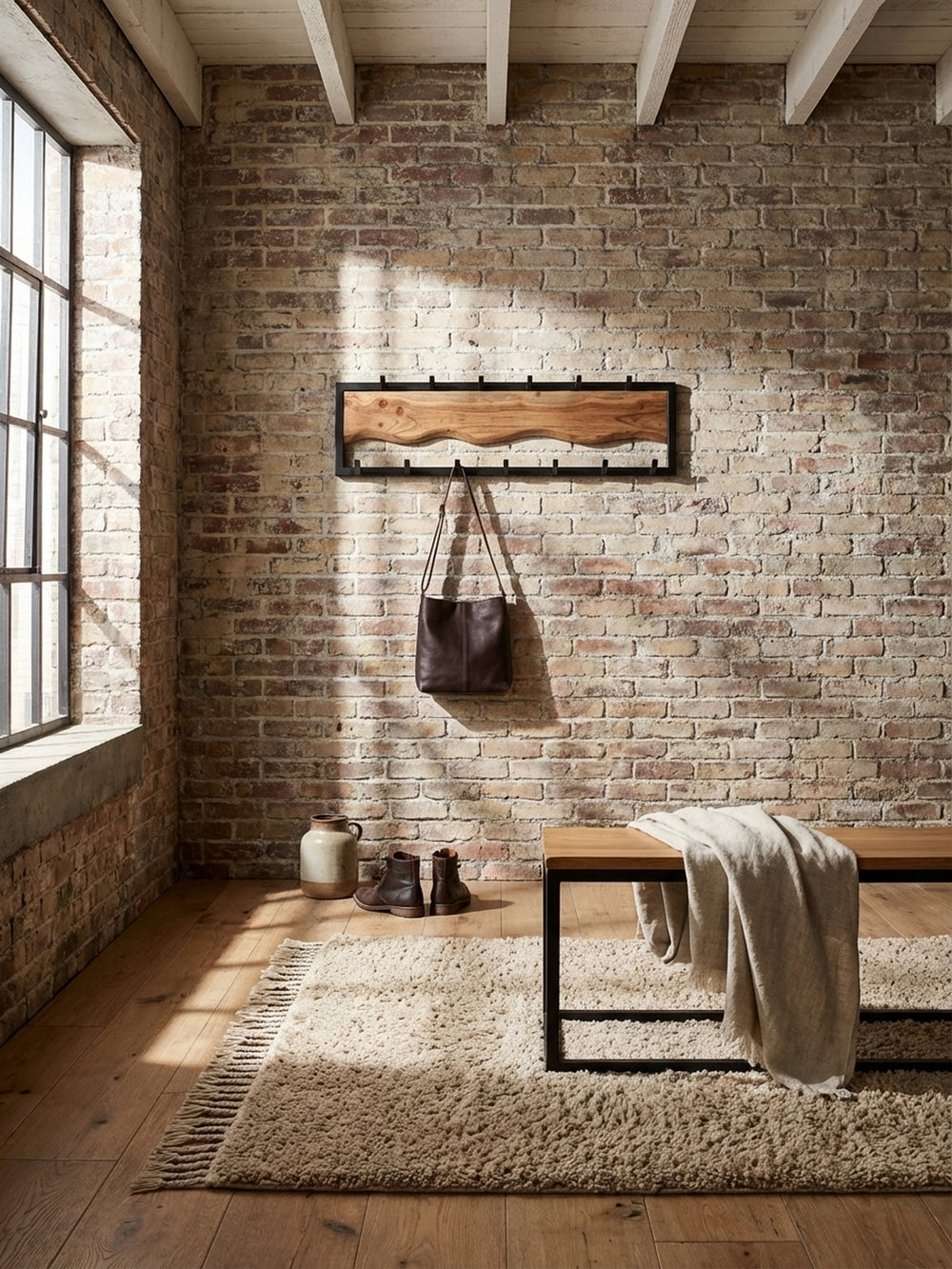 Draufsicht auf eine Flurgarderobe mit Wellenmuster, die an einer grauen Wand montiert ist und Platz für Jacken und Taschen bietet._