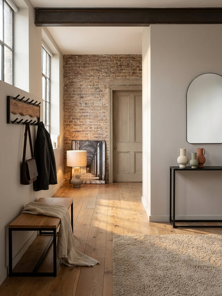 Moderne Einrichtungsidee für den Flur: eine Garderobe aus Holz und Metall kombiniert mit einer passenden Sitzbank aus Eichenholz._