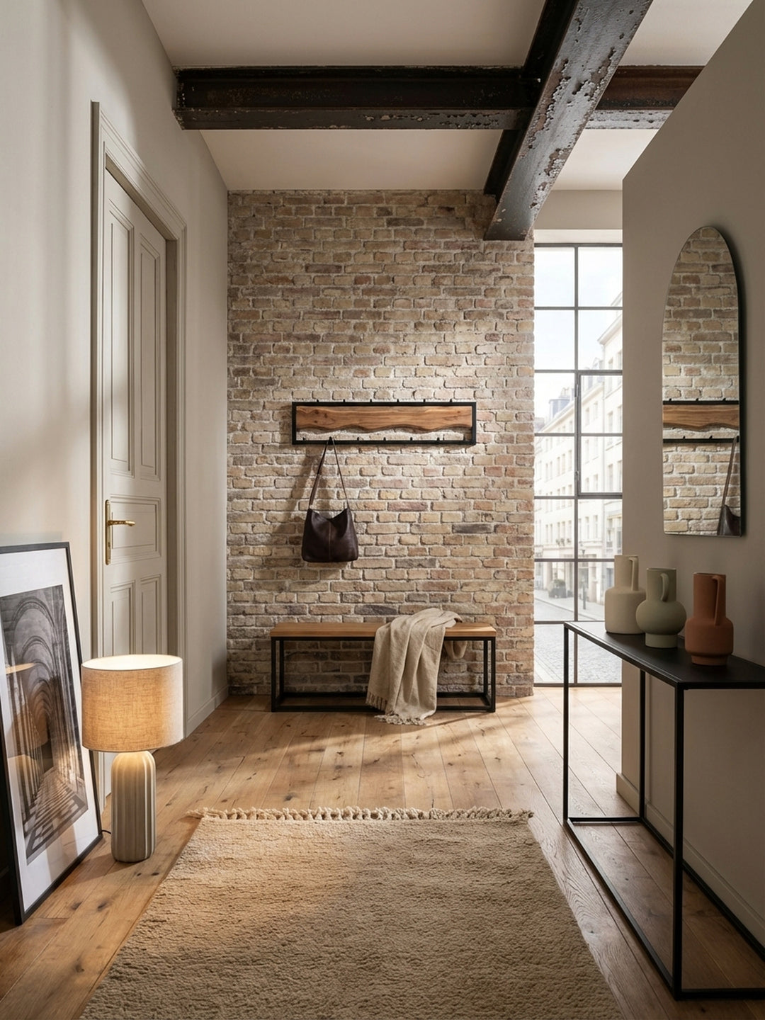 Stilvolle Wandgarderobe aus Akazie Massivholz und schwarzem Metall in einem hellen, modernen Flur mit Holzboden und einer Sitzbank._