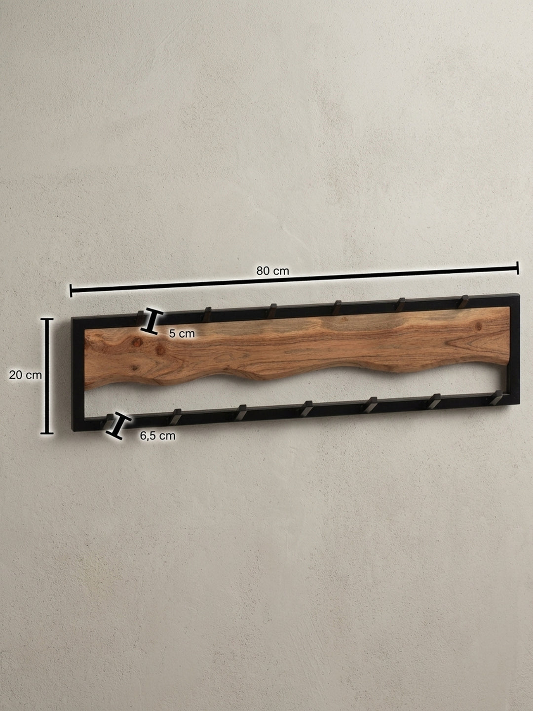 Technische Zeichnung der Wandgarderobe mit exakten Maßen: 80 cm Breite, 20 cm Höhe und 8 cm Tiefe für die perfekte Flurplanung._
