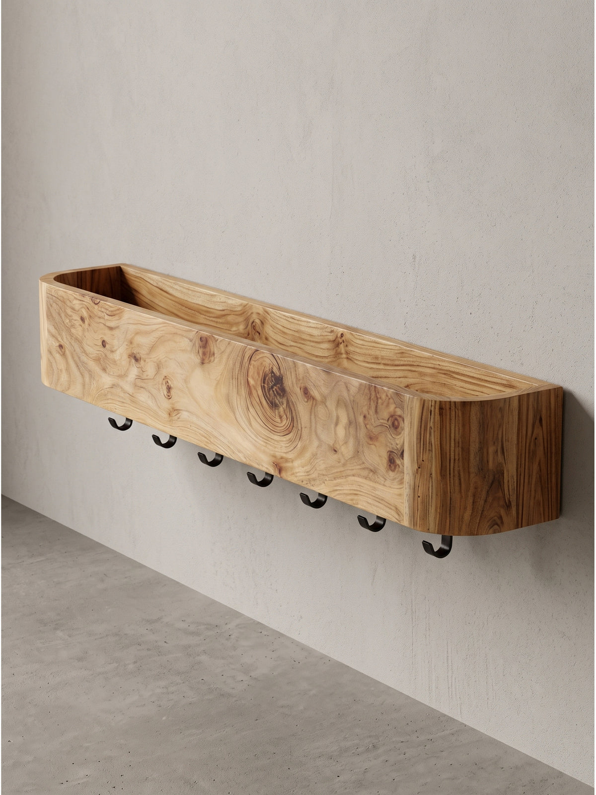 Frontansicht der Wandgarderobe Akazie Massivholz 100cm mit abgerundeten Ecken und schwarzen Metallhaken auf weißem Hintergrund