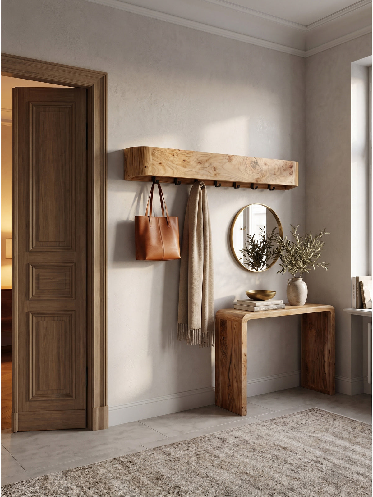 Massivholz Wandgarderobe Akazie kombiniert mit einer Holzbank und Messing-Wandleuchten im minimalistischen Eingangsbereich_