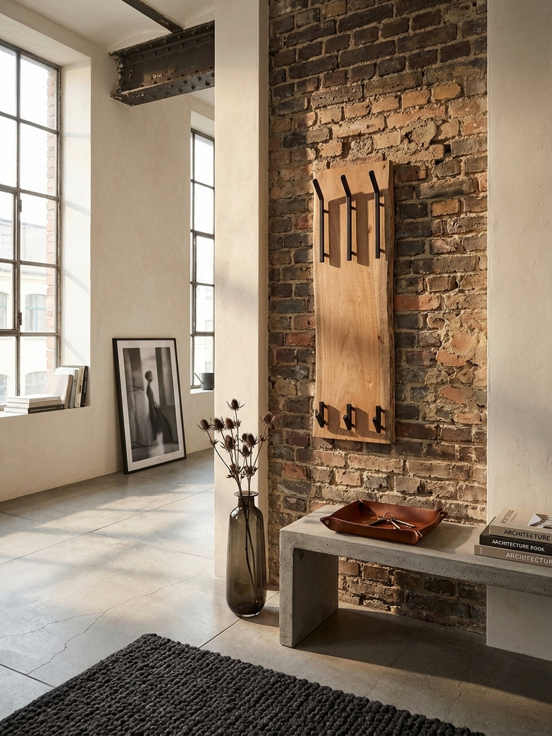 Wandgarderobe aus Akazie Massivholz mit schwarzer Hakenleiste, stilvoll montiert in einem modernen Flur mit Betonelementen für eine einladende Atmosphäre._