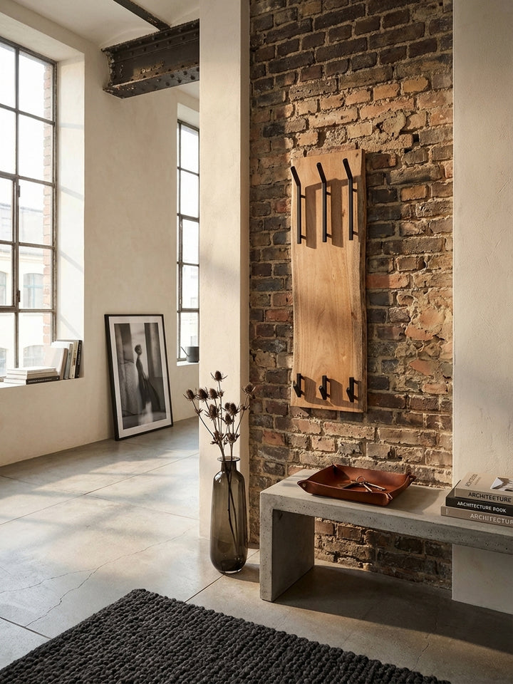 Wandgarderobe aus Akazie Massivholz mit schwarzer Hakenleiste, stilvoll montiert in einem modernen Flur mit Betonelementen für eine einladende Atmosphäre._