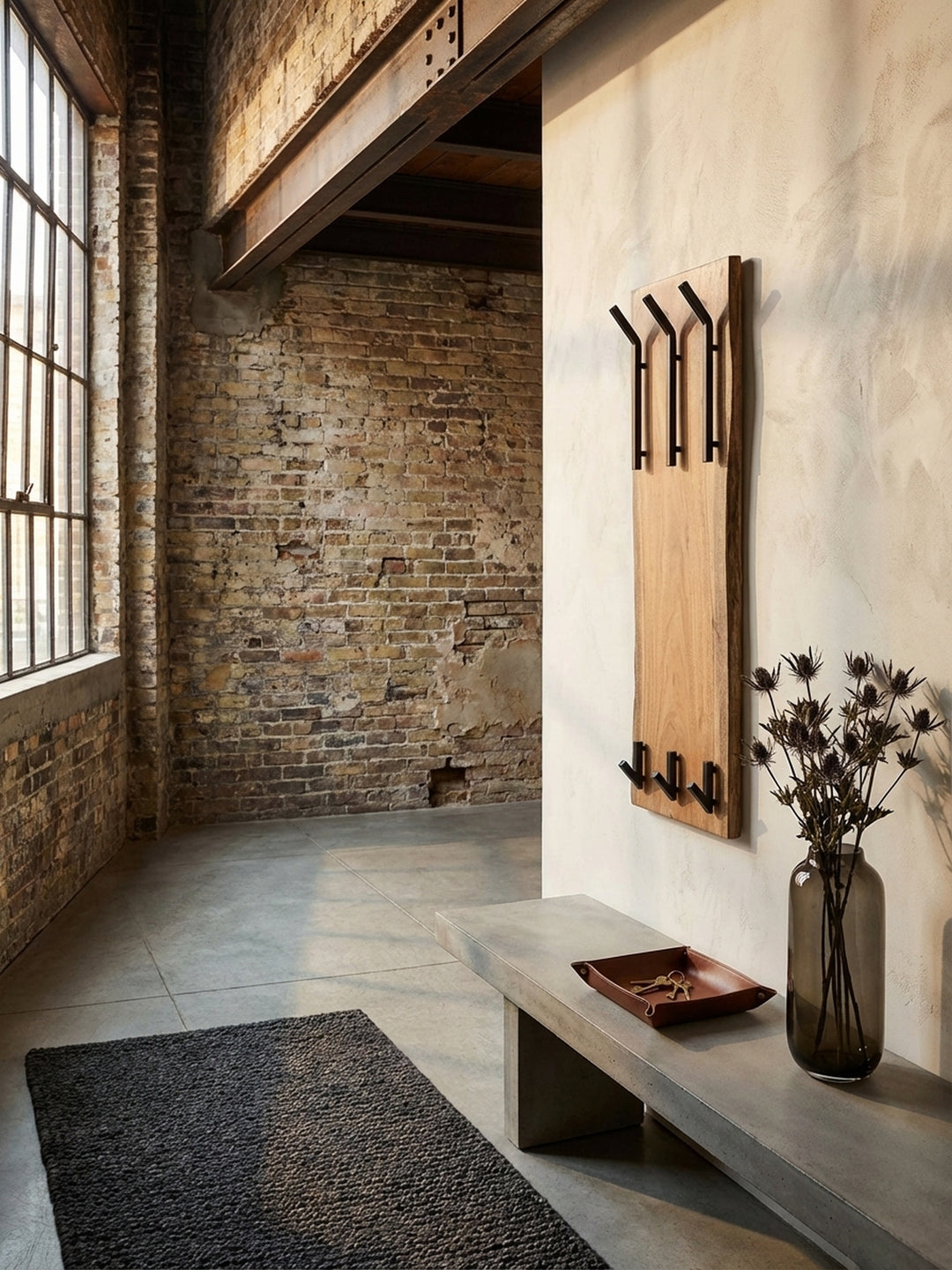Draufsicht auf einen minimalistischen Eingangsbereich, in dem die 100 cm hohe Holzgarderobe mit Baumkante als zentrales Organisationselement an der Wand dient._