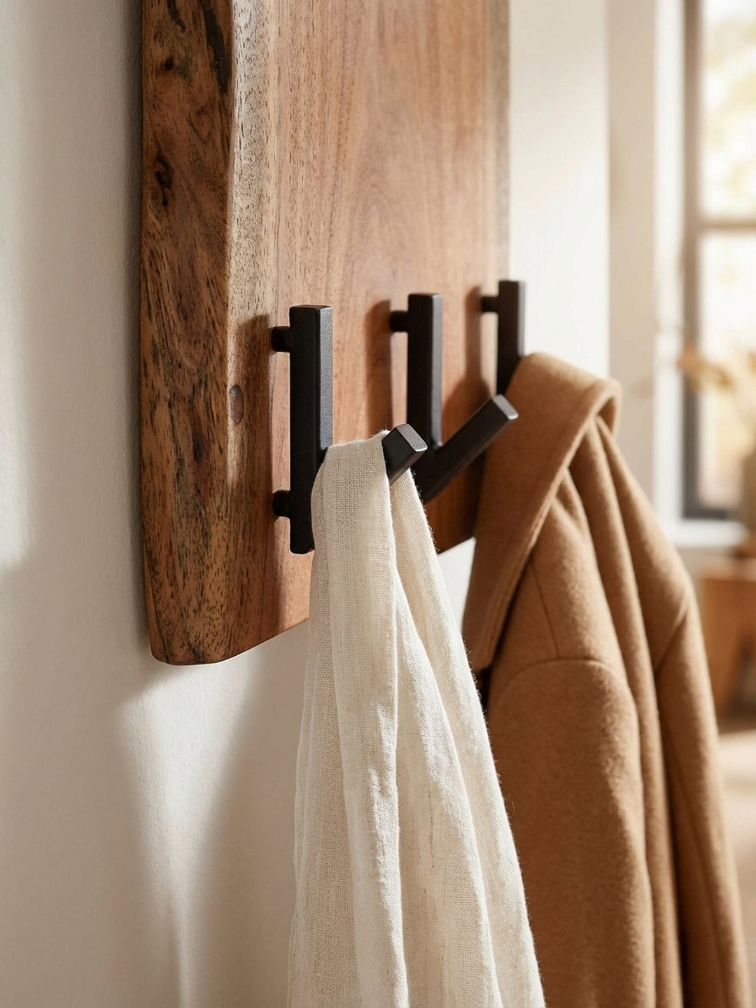 Detailaufnahme der lebendigen Maserung des Akazienholzes der Wandgarderobe, geschützt durch Klarlack, im Kontrast zur matten Textur der pulverbeschichteten Metallhaken._