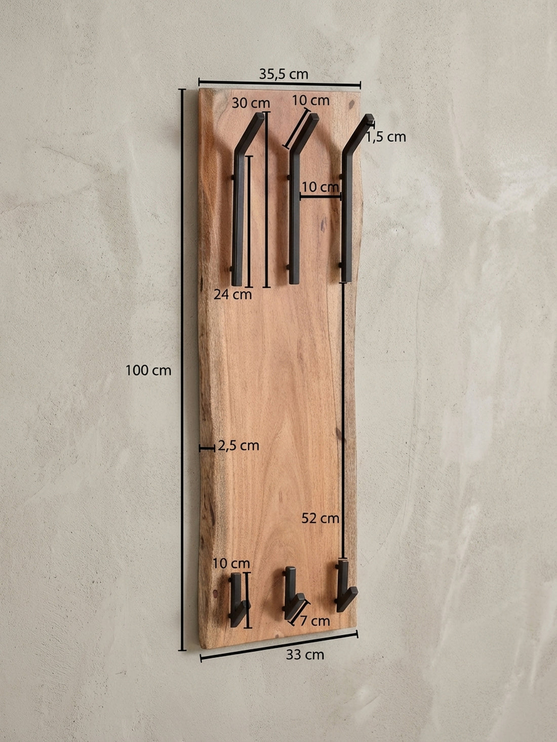 Maßzeichnung Wandgarderobe Akazie Massivholz Metall Modern 35,5x11x100 cm mit Naturkante