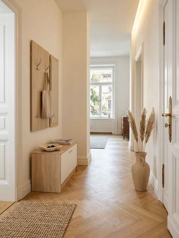 Moderne Flurgarderobe in Sonoma Eiche mit weißer Front in einem eleganten, hellen Eingangsbereich. Der schmale Schuhschrank und das Wandpaneel mit Spiegel wirken einladend und stilvoll._