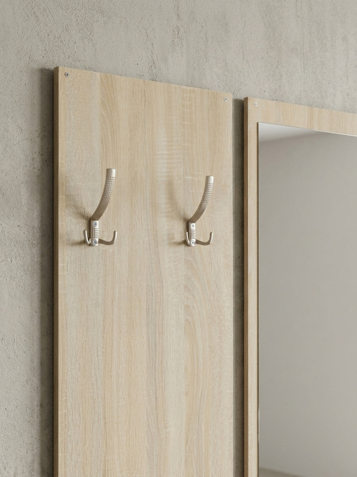 Technische Maßzeichnung der Flurgarderobe. Exakte Abmessungen mit 80x180x27cm, präzises Spiegelmaß von 30x100cm und Abstände der Haken für eine einfache und fehlerfreie Montageplanung._