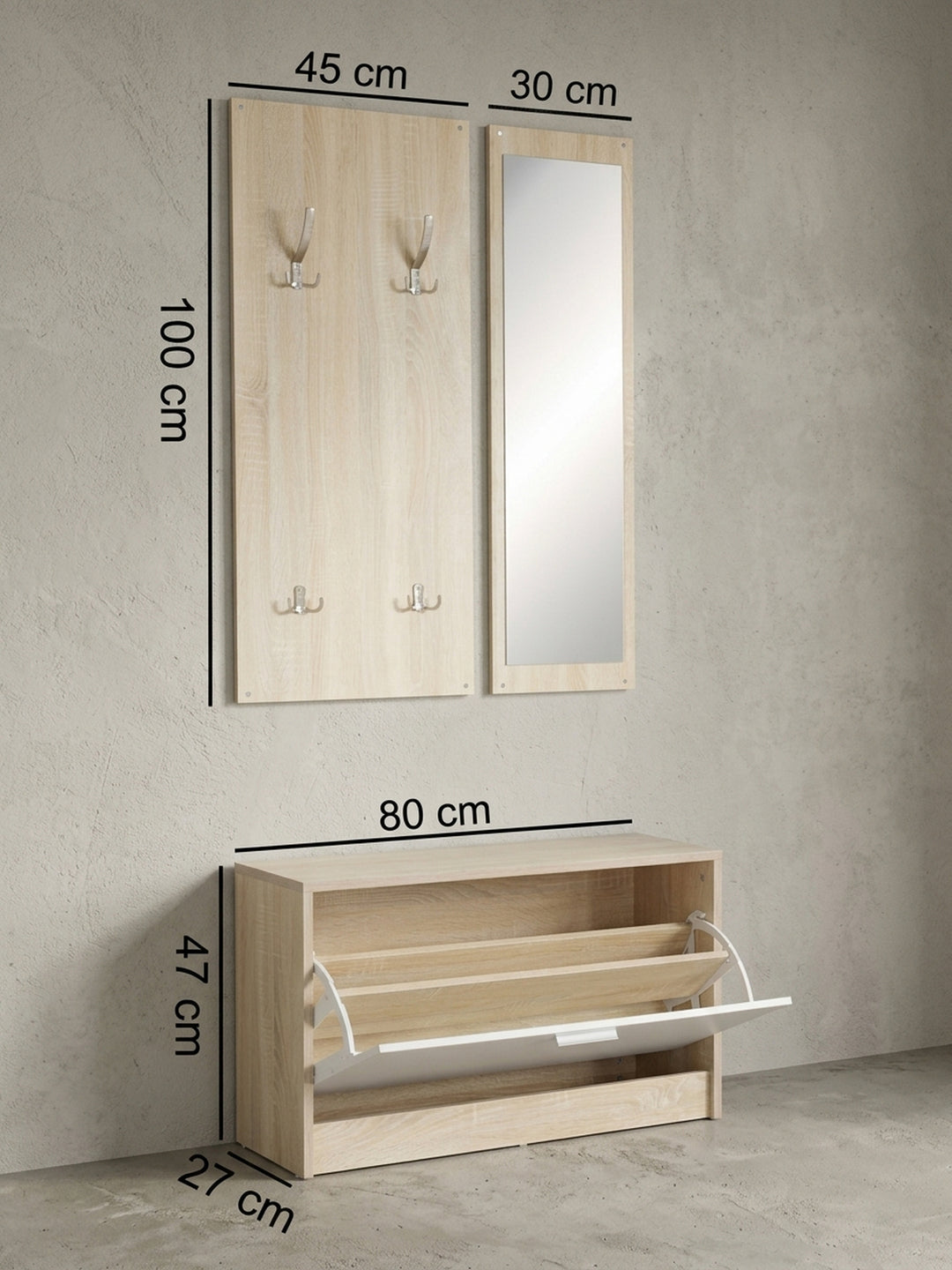 Rückwärtige Details der Garderobenpaneele. Ansicht der verdeckten, flachen Wandaufhängung und der stabilen Verschraubung der Garderobenhaken auf der holzfarbenen Trägerplatte für den Flur._