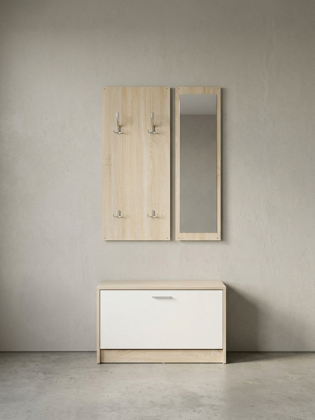 Alternative Perspektive der Komplettgarderobe mit geöffneter Schuhklappe. Blick auf das zweireihige Innenleben des Schuhkippers, ideal für schmale Flure und repräsentative Eingangsbereiche._