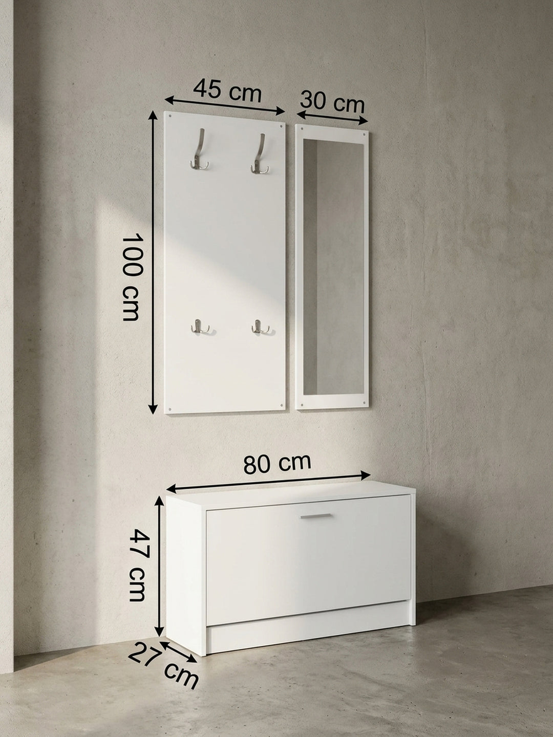 Technische Maßzeichnung der weißen Komplettgarderobe mit genauen Längenangaben von 80x180x27 cm für eine optimale millimetergenaue Flurplanung_