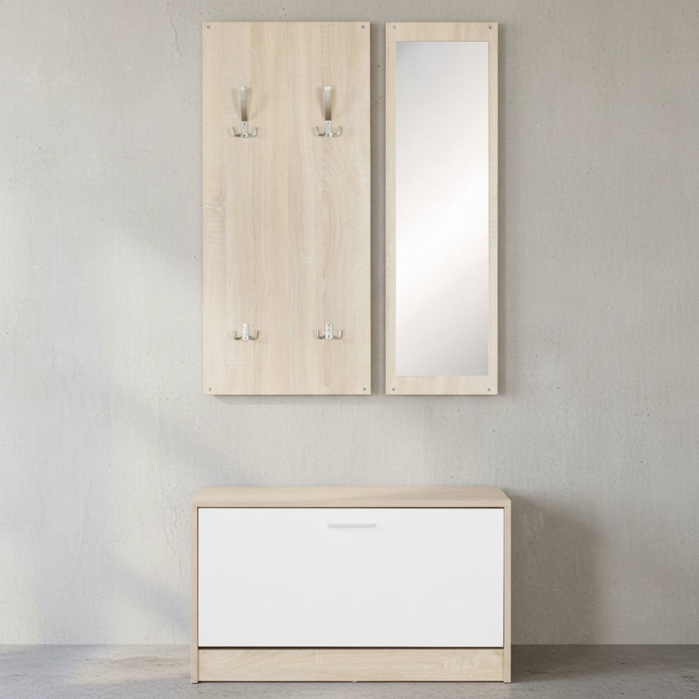 Wandgarderobe DELFT mit Spiegel_ Weiß_ Platz für 8 Paar Schuhe_ 10 Metallhaken_ Melaminharzbeschichtung - KADIMA DESIGN_Farbe_ Beige_ Größe_ 80x27x180 cm_