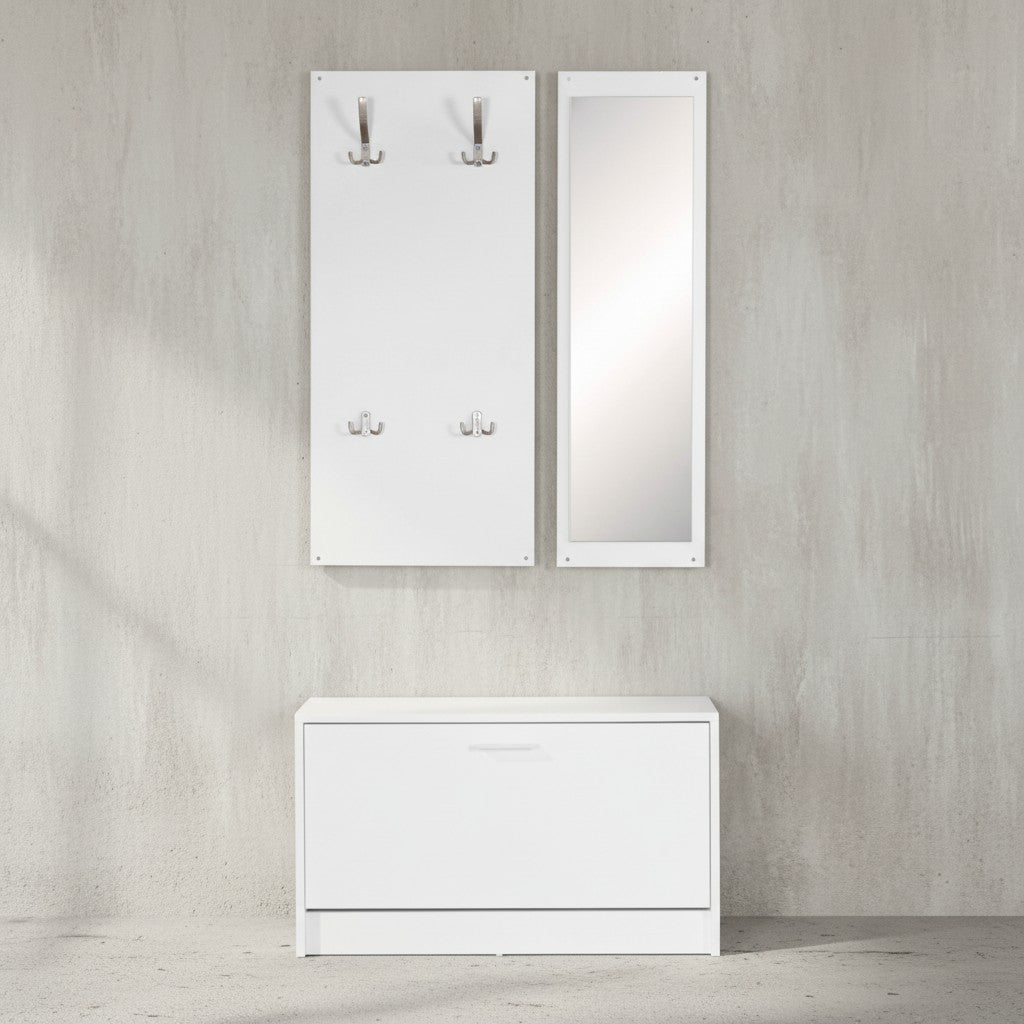 Wandgarderobe DELFT mit Spiegel_ Weiß_ Platz für 8 Paar Schuhe_ 10 Metallhaken_ Melaminharzbeschichtung - KADIMA DESIGN_Farbe_ Weiß_ Größe_ 80x27x180 cm_