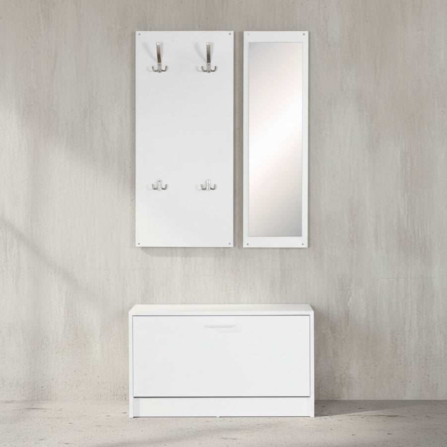 Wandgarderobe DELFT mit Spiegel_ Weiß_ Platz für 8 Paar Schuhe_ 10 Metallhaken_ Melaminharzbeschichtung - KADIMA DESIGN_Farbe_ Weiß_ Größe_ 80x27x180 cm_