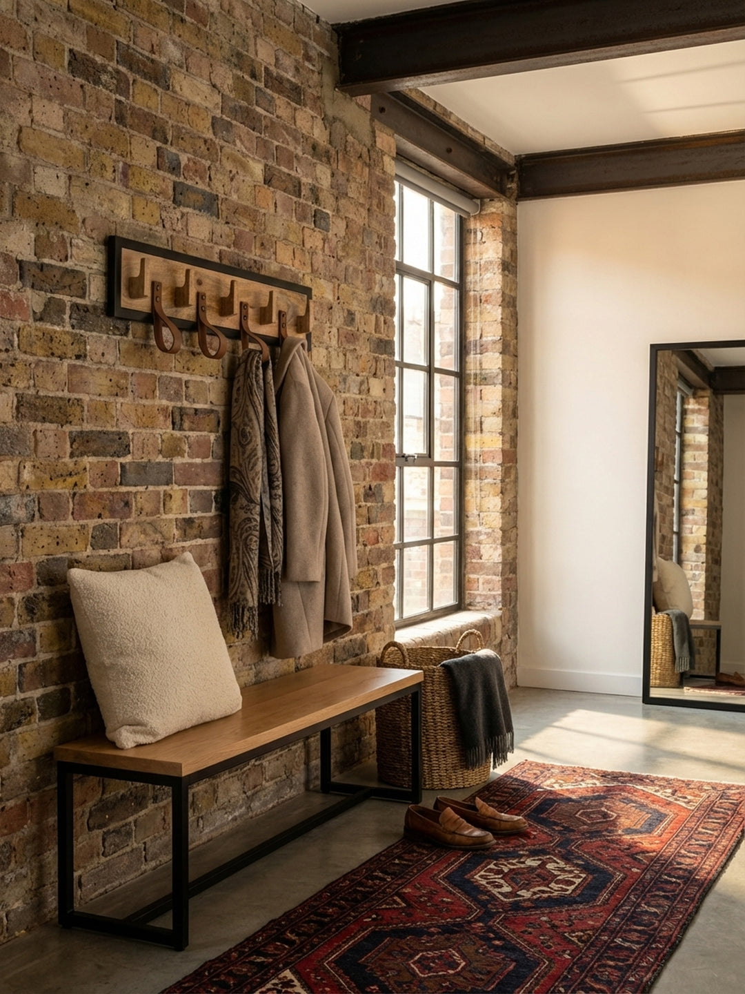 Die Holz-Wandgarderobe mit schwarzem Metallrahmen über einer schlichten Sitzbank aus Eiche, die den Materialmix perfekt ergänzt._